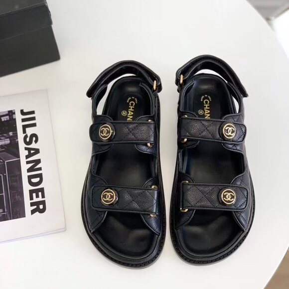 Black Caviar Dad Sandal Gold CC Logo Mule Slide Flat - Picture 8 of 8